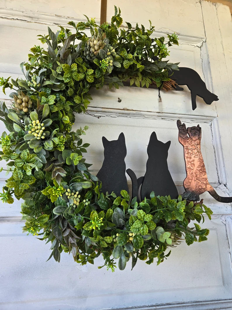 Natural Green Witch Multiple Cats Crescent Moon Wreath