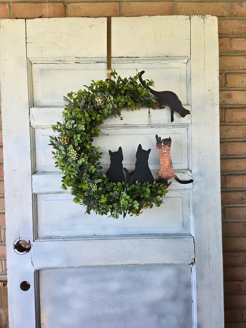 Natural Green Witch Multiple Cats Crescent Moon Wreath