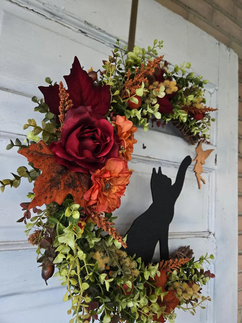 Fairy Cat Fall Crescent Moon Wreath