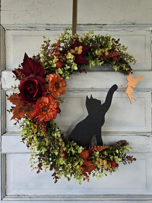 Fairy Cat Fall Crescent Moon Wreath