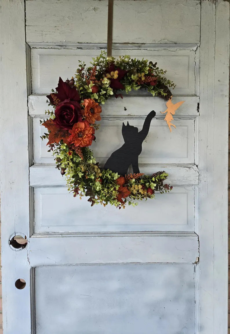 Fairy Cat Fall Crescent Moon Wreath
