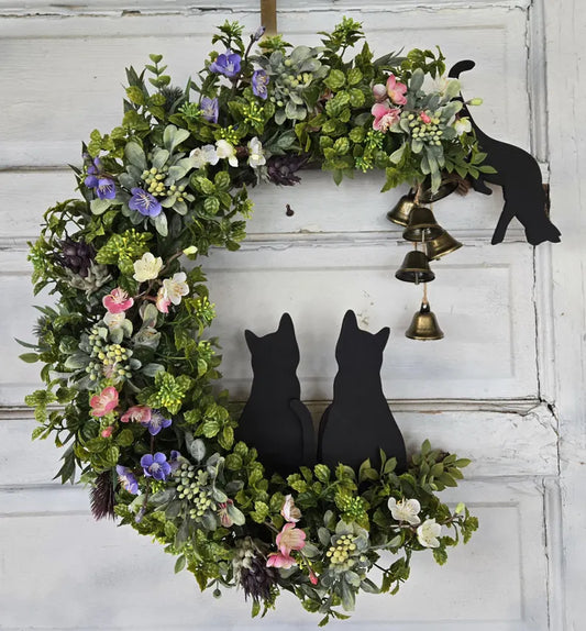 Floral Green Witch Multiple Cats Witch Bells Crescent Moon Wreath