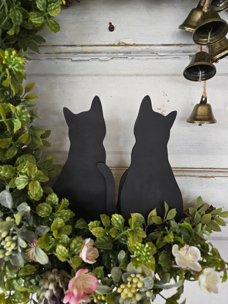 Floral Green Witch Multiple Cats Witch Bells Crescent Moon Wreath