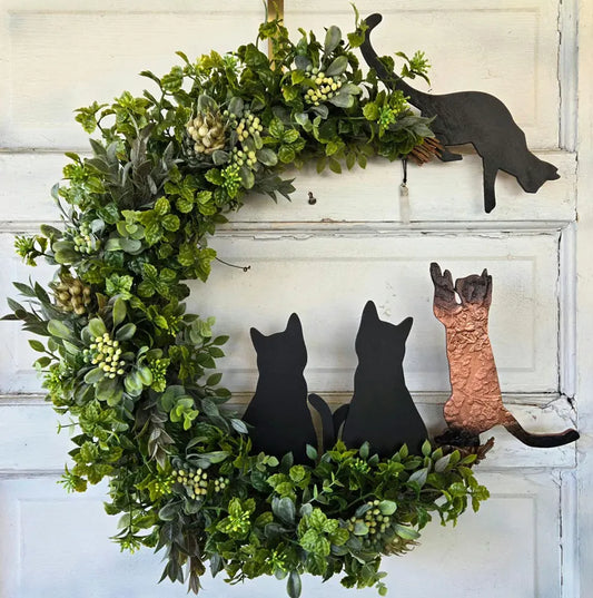 Natural Green Witch Multiple Cats Crescent Moon Wreath