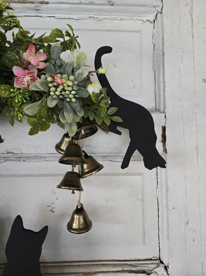 Floral Green Witch Multiple Cats Witch Bells Crescent Moon Wreath