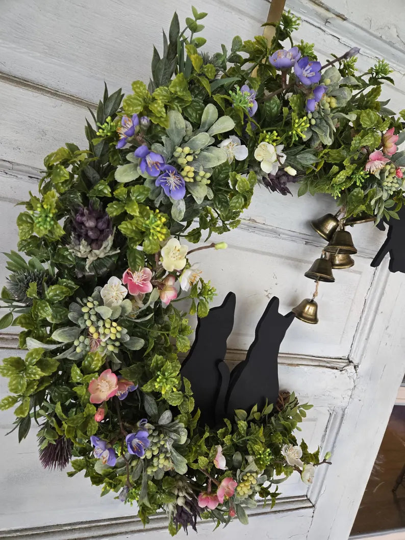Floral Green Witch Multiple Cats Witch Bells Crescent Moon Wreath