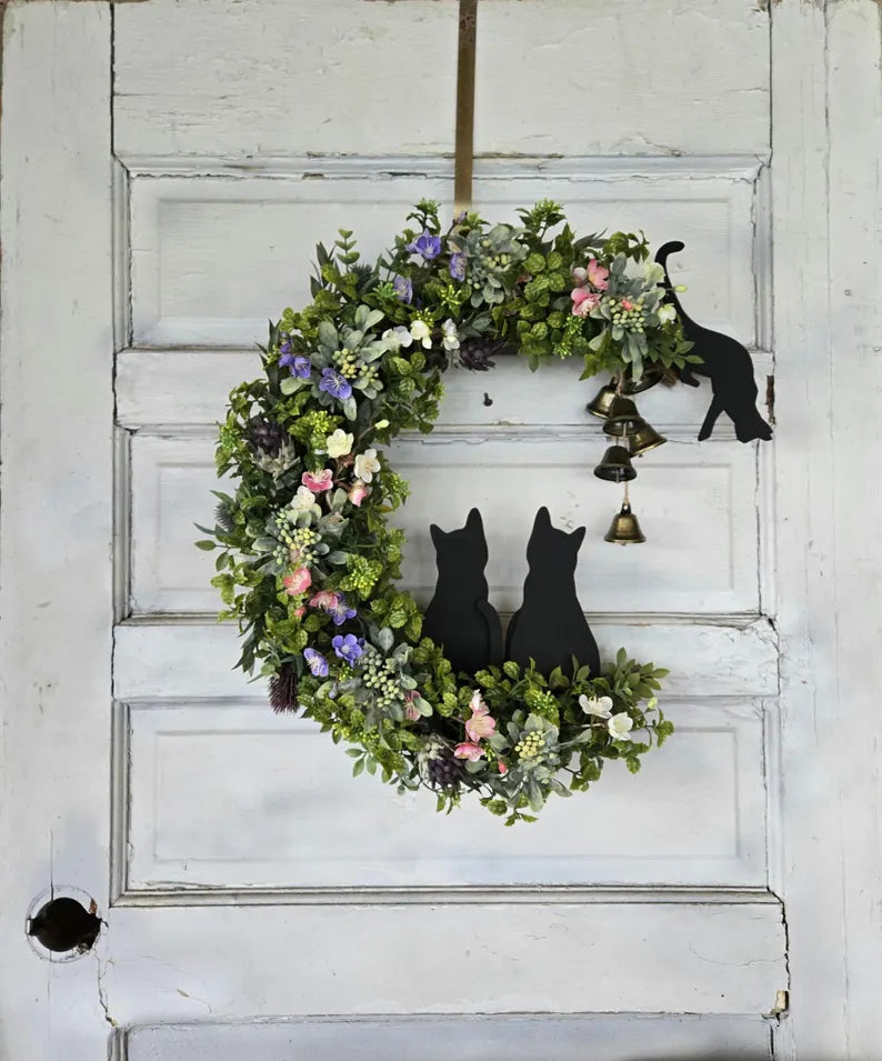 Floral Green Witch Multiple Cats Witch Bells Crescent Moon Wreath
