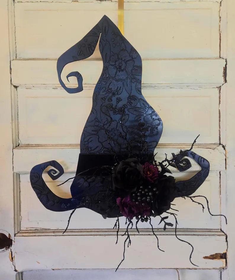 Halloween Black Velvet Ribbon Witch Hat Wreath