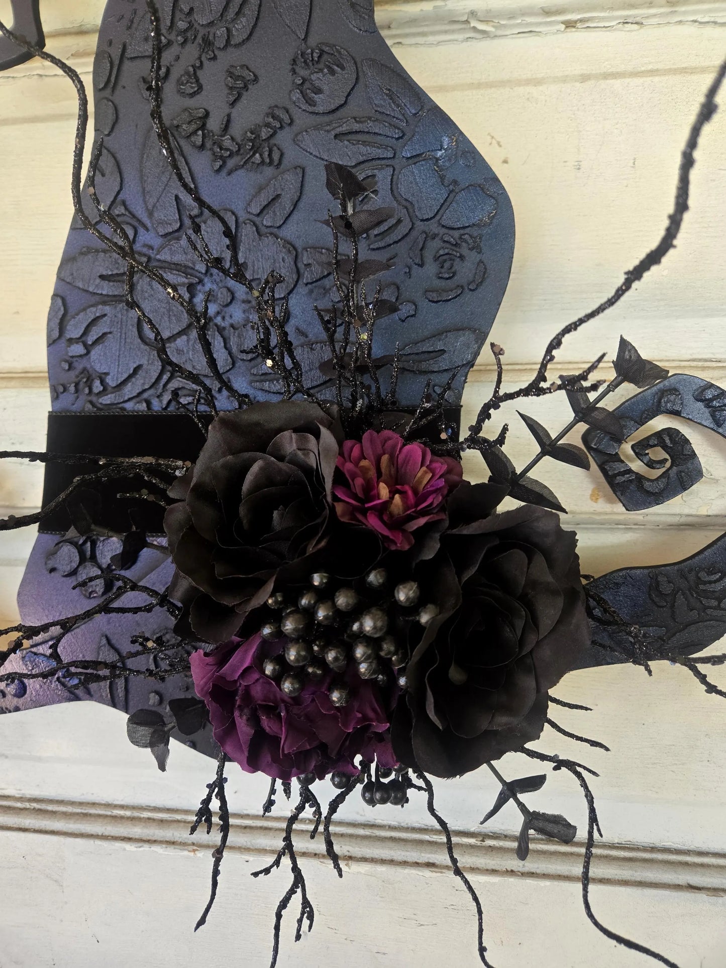 Halloween Black Velvet Ribbon Witch Hat Wreath