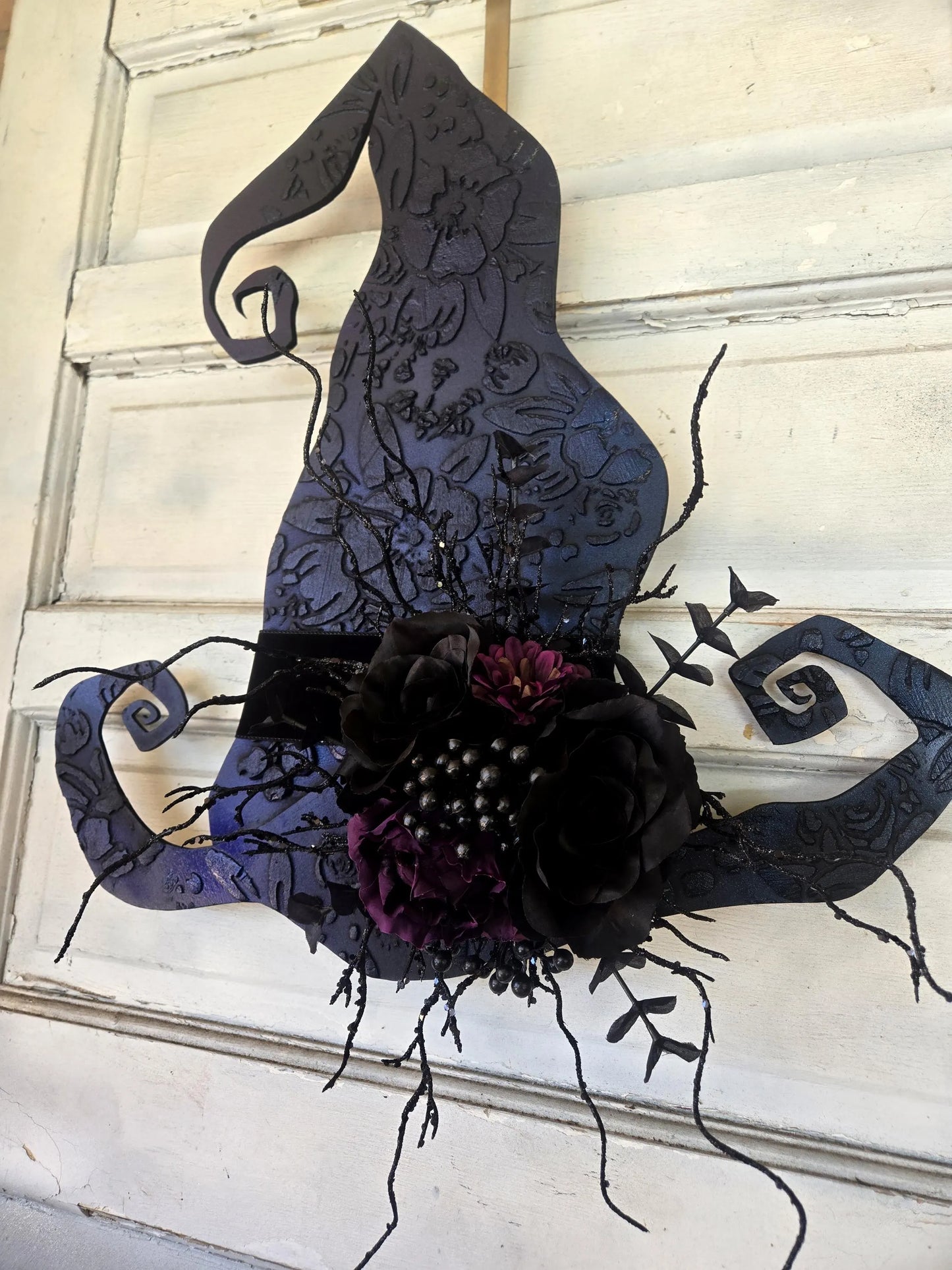 Halloween Black Velvet Ribbon Witch Hat Wreath
