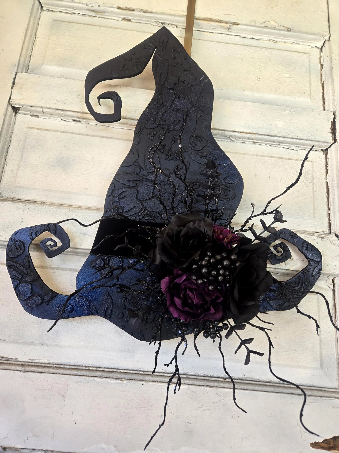 Halloween Black Velvet Ribbon Witch Hat Wreath