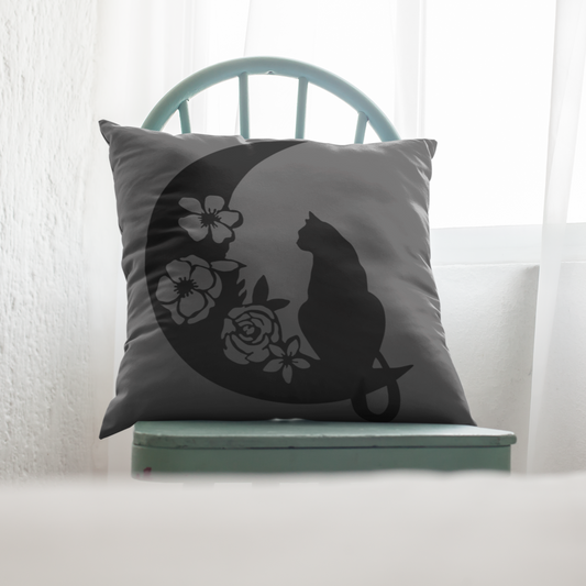 Witchy Black Cat Crescent Moon Pillow Cover