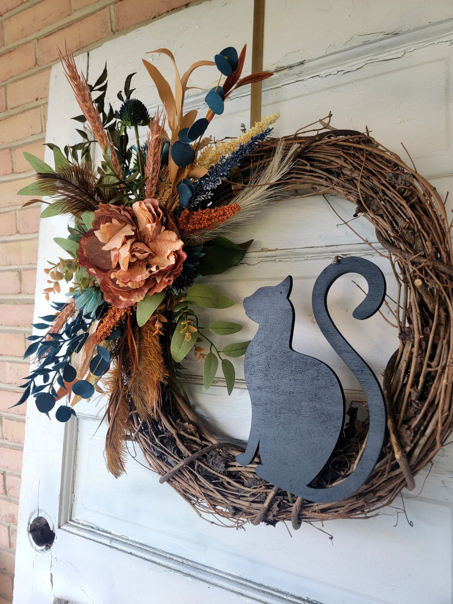 Navy Fall Feather Grapevine Cat Wreath