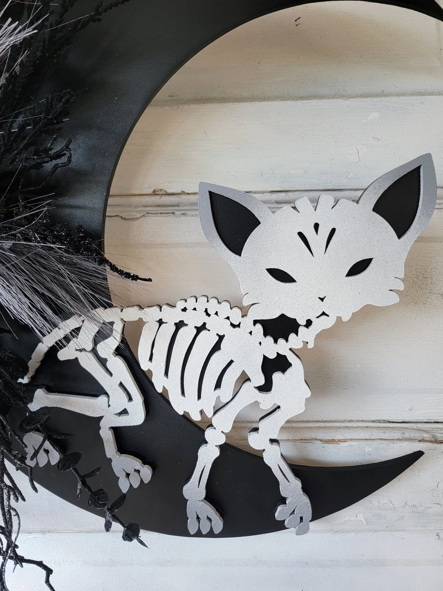 Skeleton Cat Halloween Crescent Moon Wreath