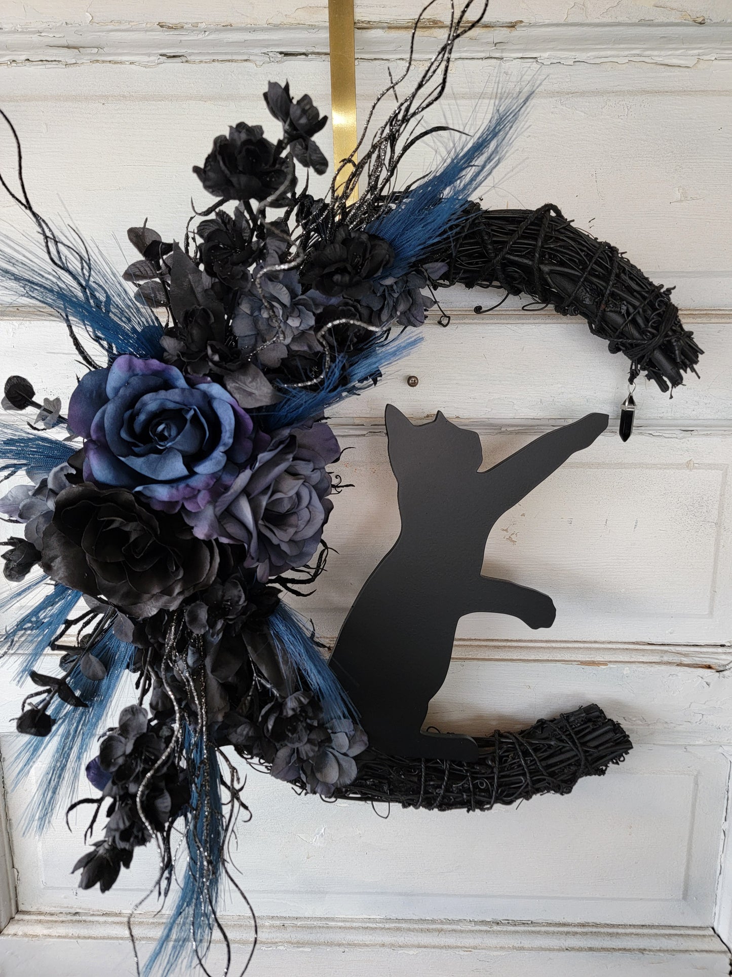 Witchy Hag Blue Black Cat Crescent Moon Wreath