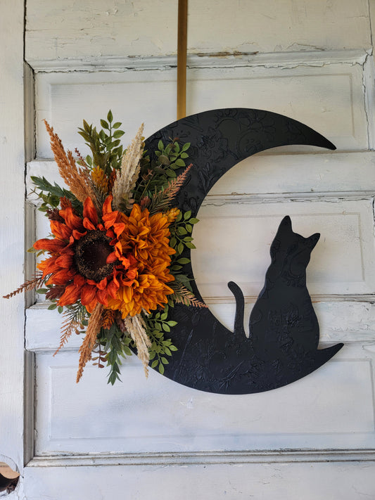 Fall Cat Crescent Moon Sunflower Wreath