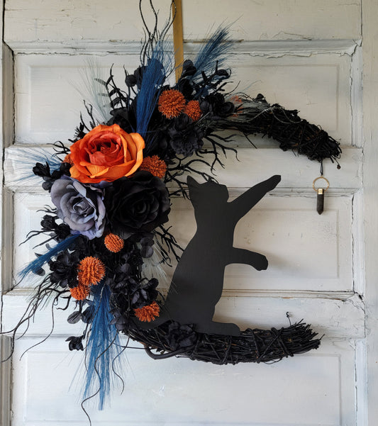 Blue, Purple & Black Halloween Cat Crescent Moon Wreath