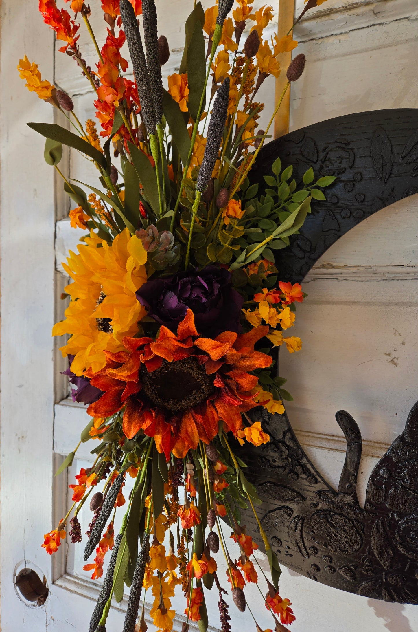 Orange, Yellow & Purple Fall Cat Moon Wreath