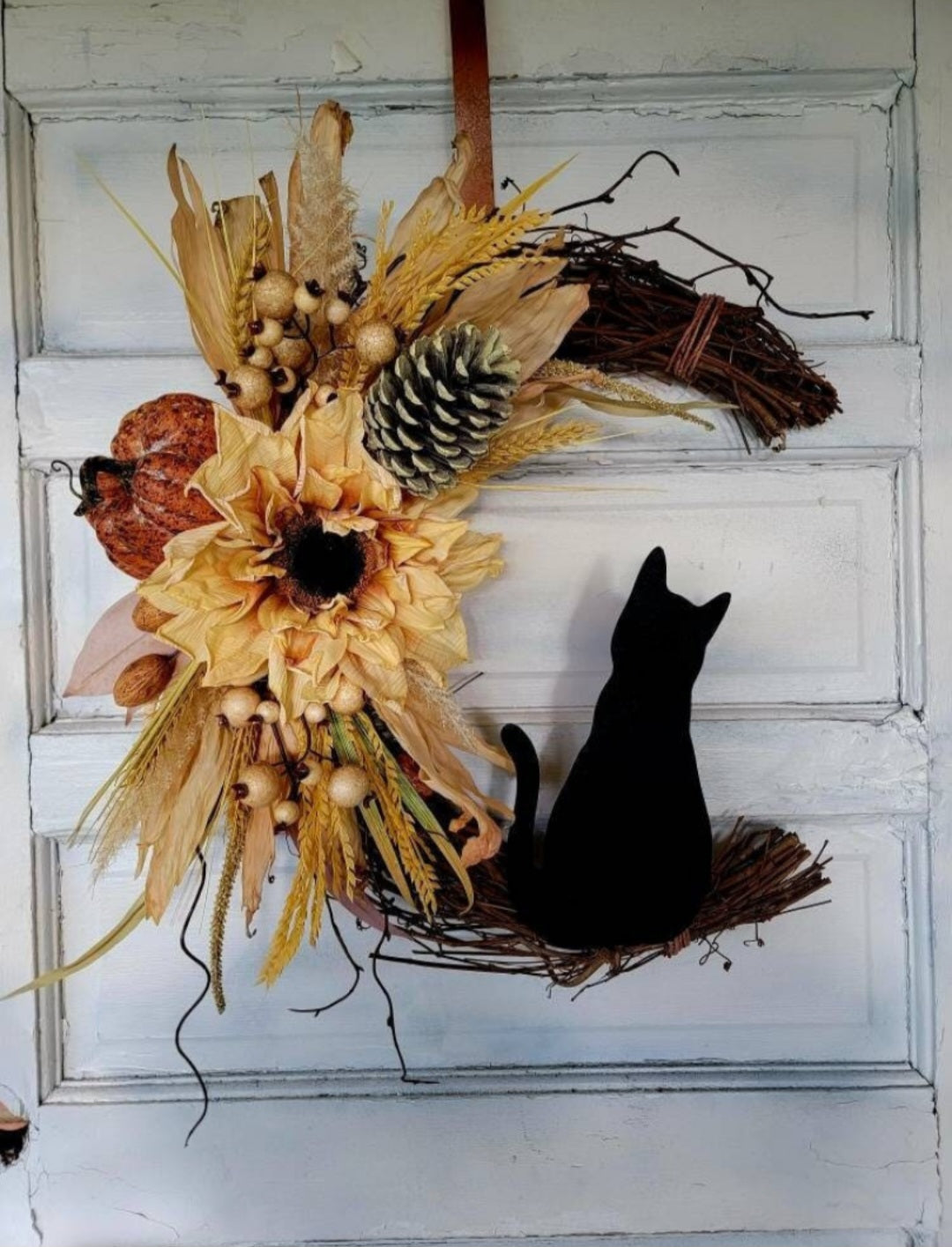 Fall Cat Moon Pumpkin & Sunflower Wreath