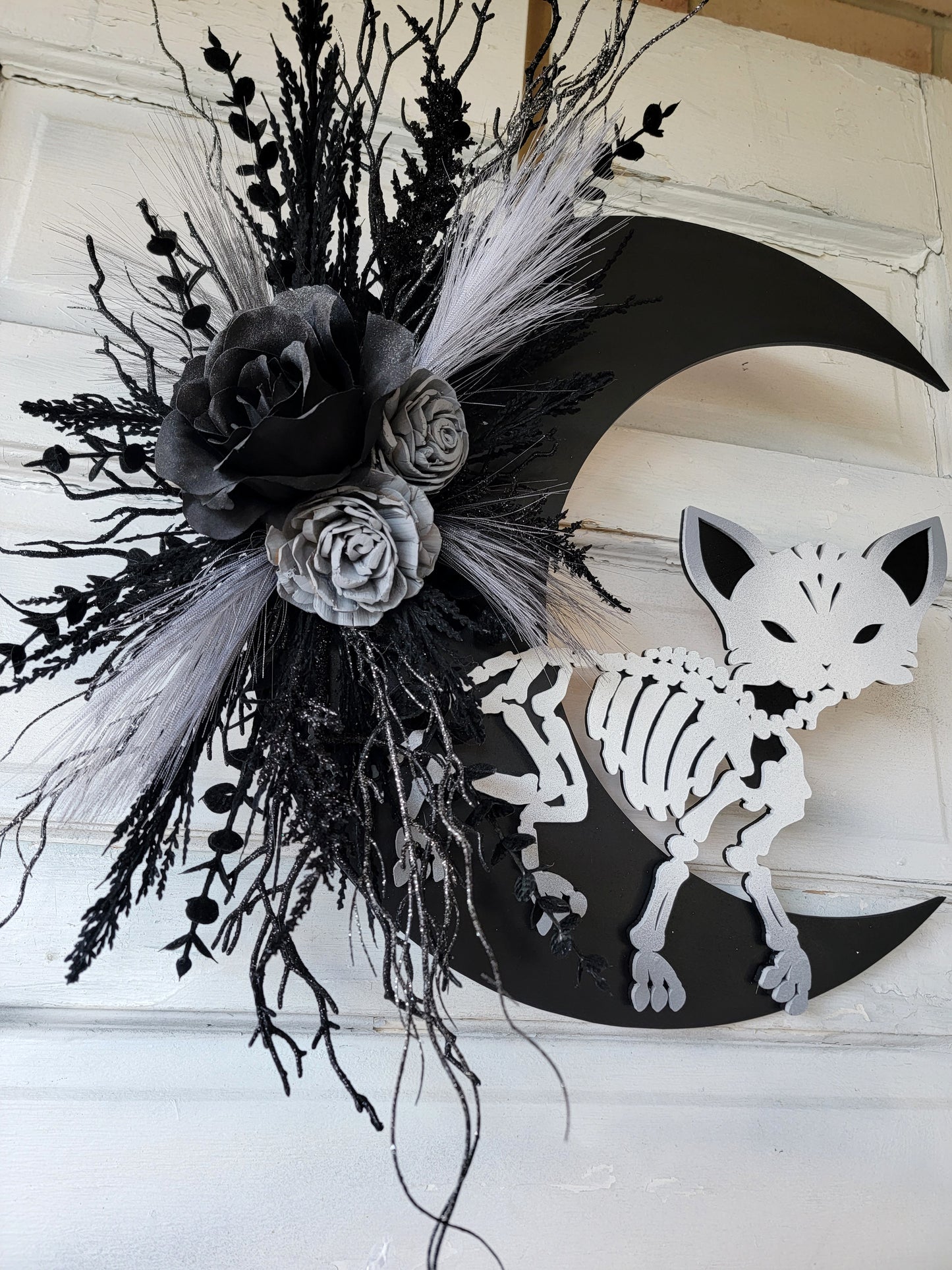 Skeleton Cat Halloween Crescent Moon Wreath