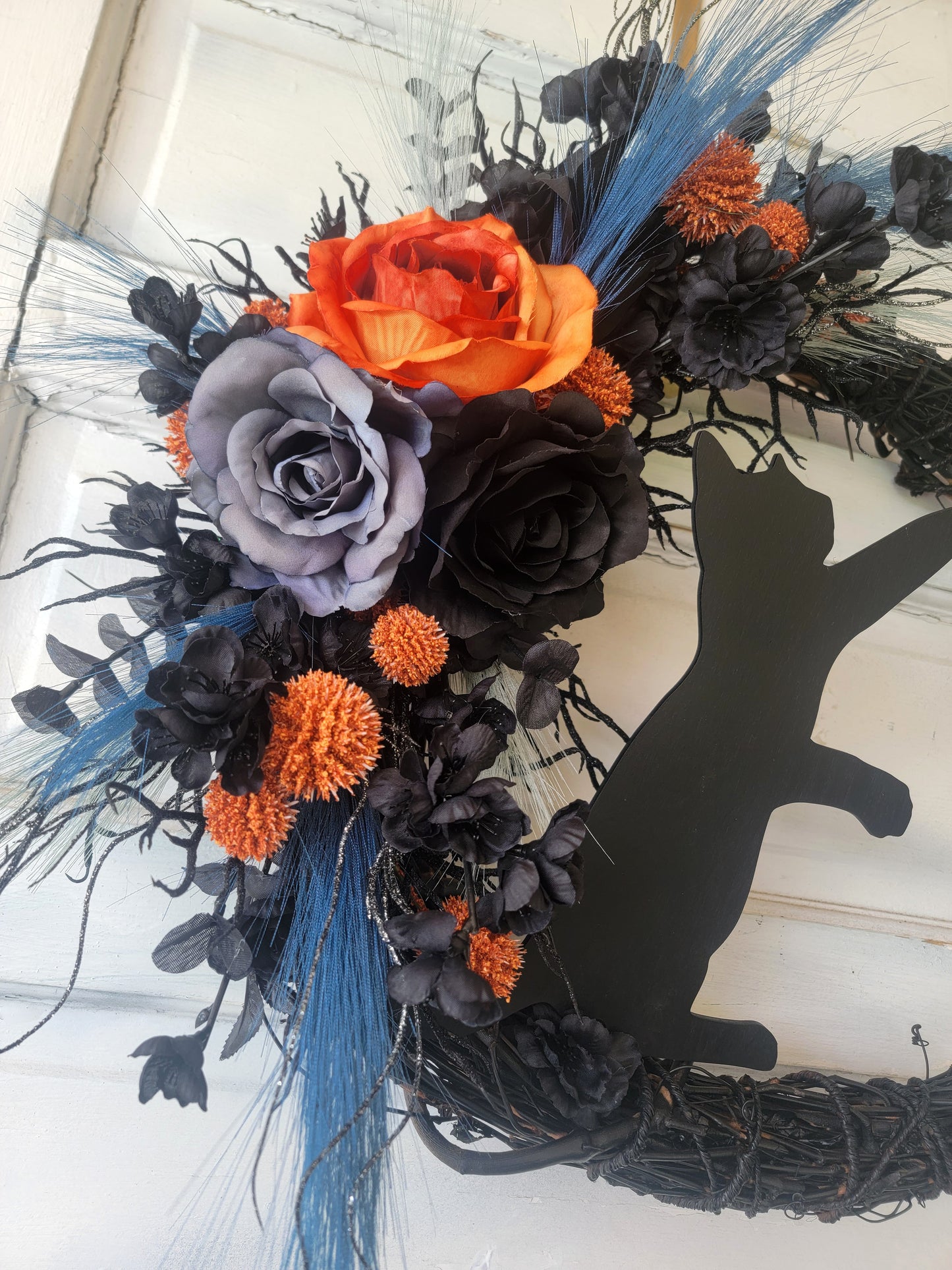 Blue, Purple & Black Halloween Cat Crescent Moon Wreath