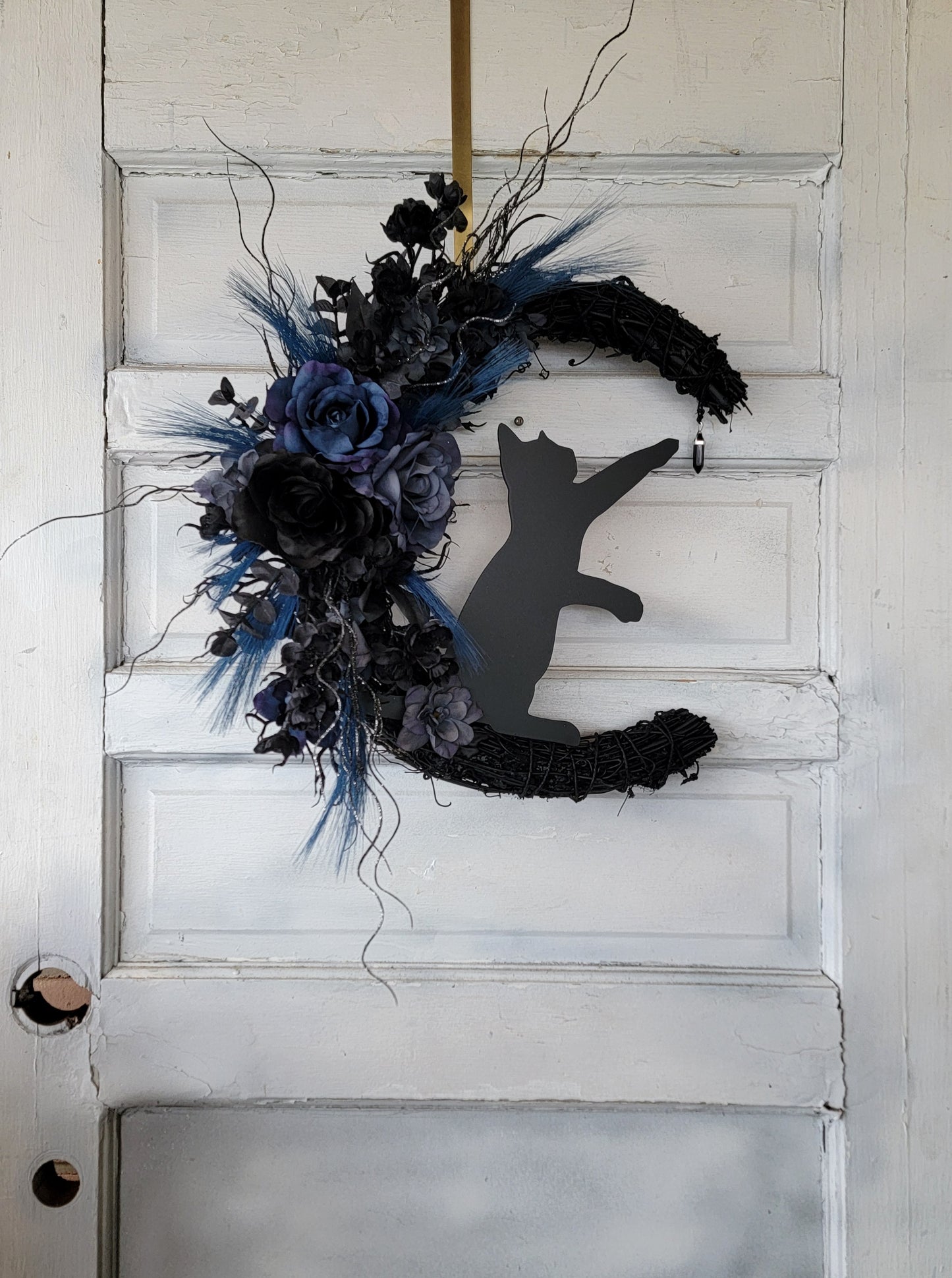 Witchy Hag Blue Black Cat Crescent Moon Wreath