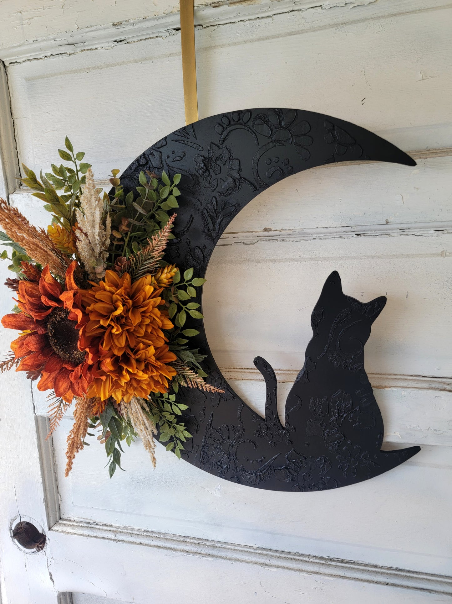 Fall Cat Crescent Moon Sunflower Wreath