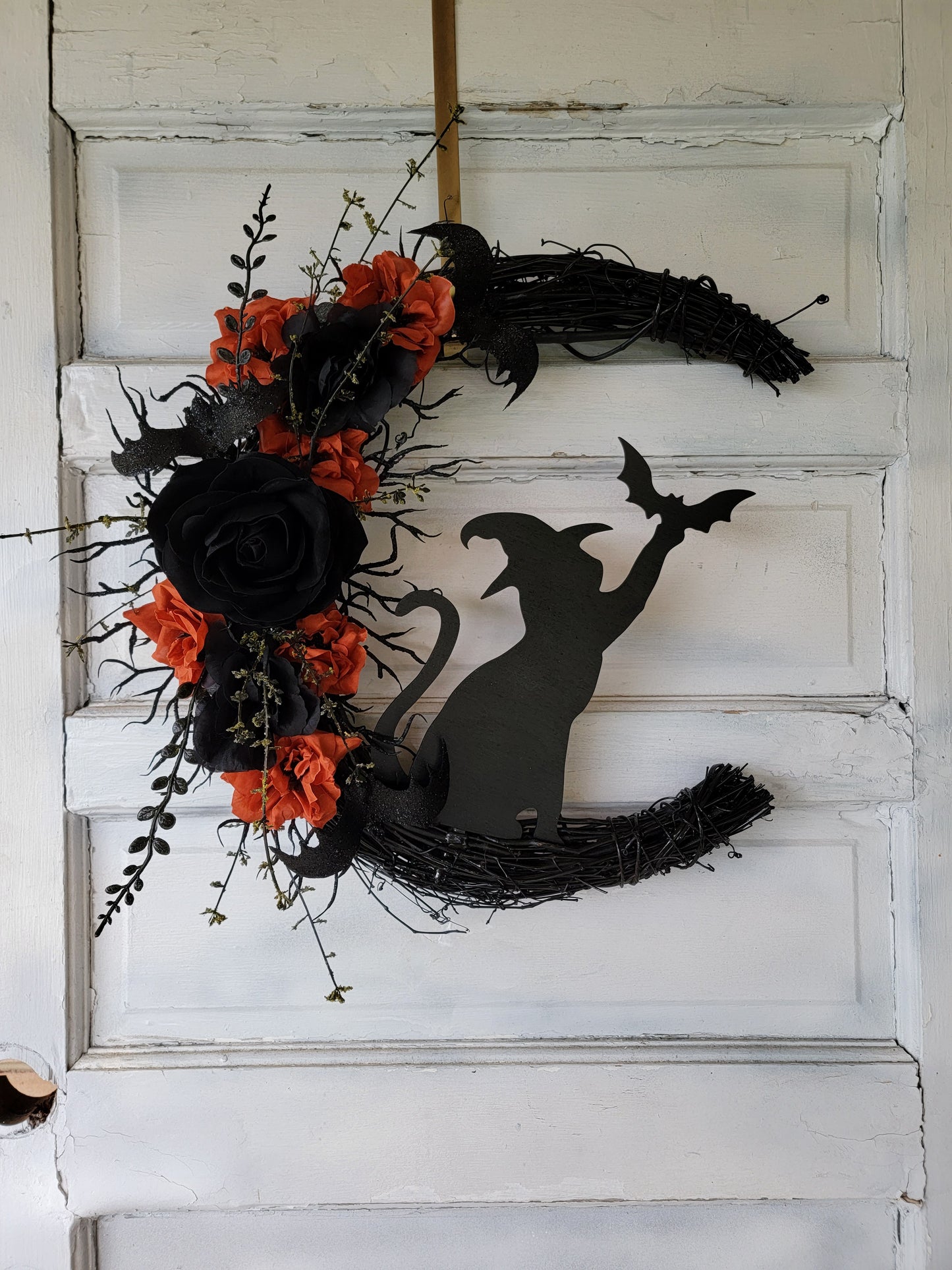 Witch Hat Bat Cat Halloween Crescent Moon Cat Wreath