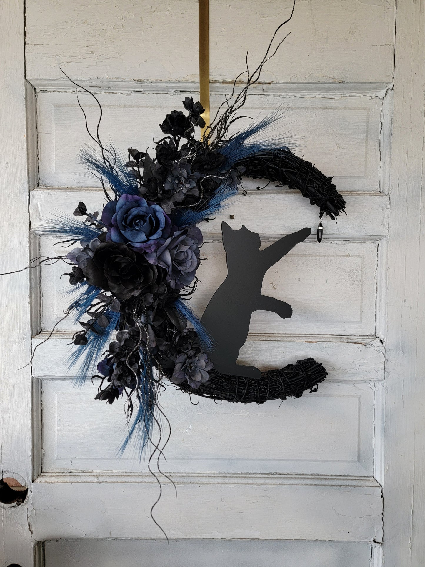 Witchy Hag Blue Black Cat Crescent Moon Wreath