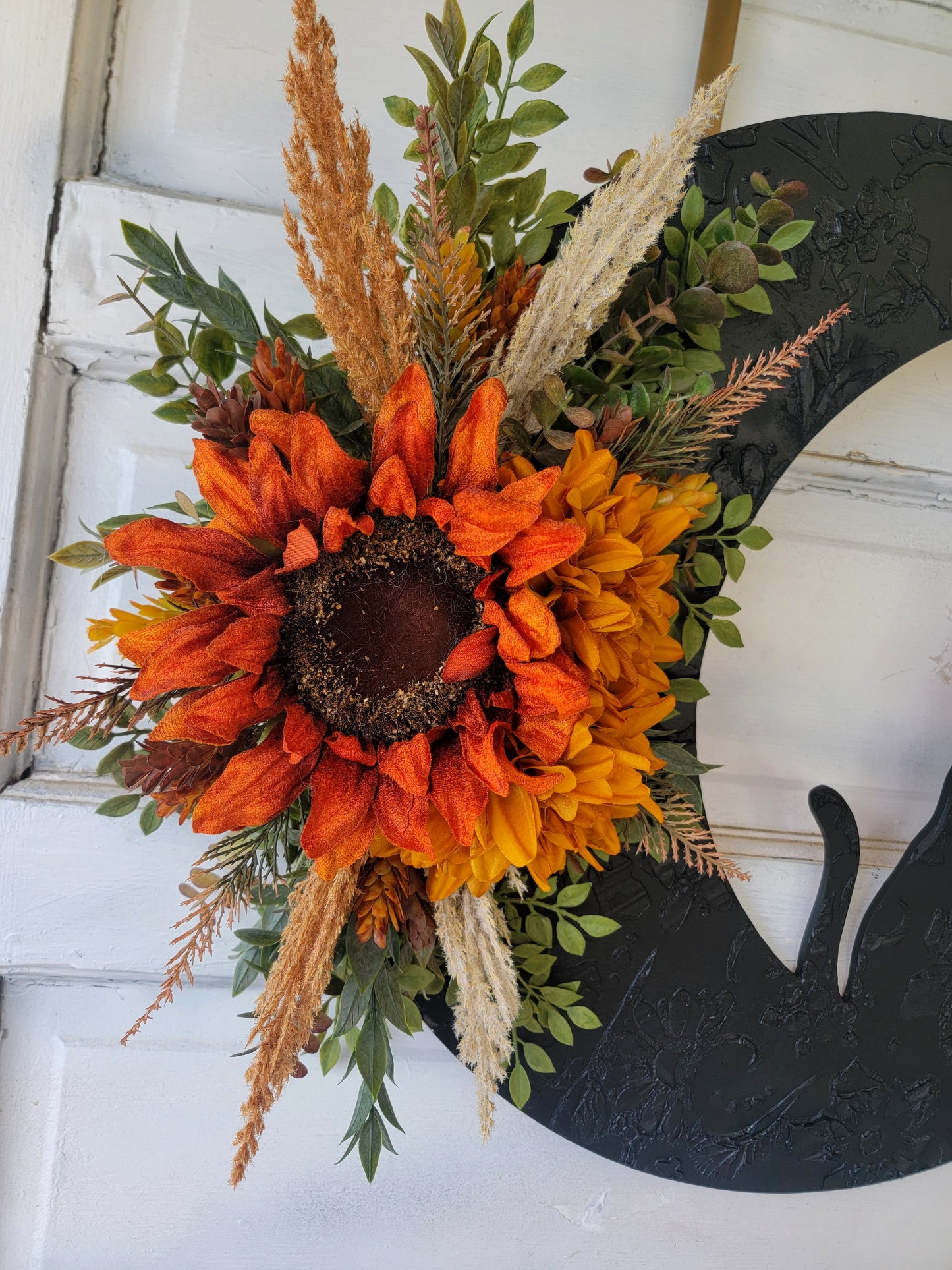 Fall Cat Crescent Moon Sunflower Wreath