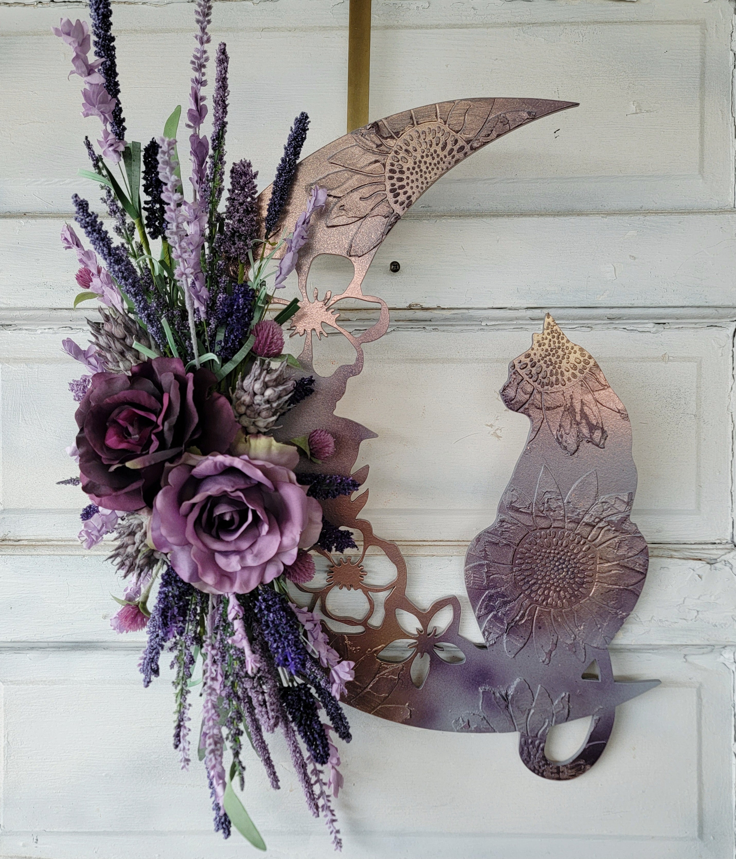 Witchy Black Cat w/ Witch Hat on Crescent Moon • Black & Purple Flowers • Celestial Door Hanger • Halloween Lunar Decor • store Kitty Lover's Gift