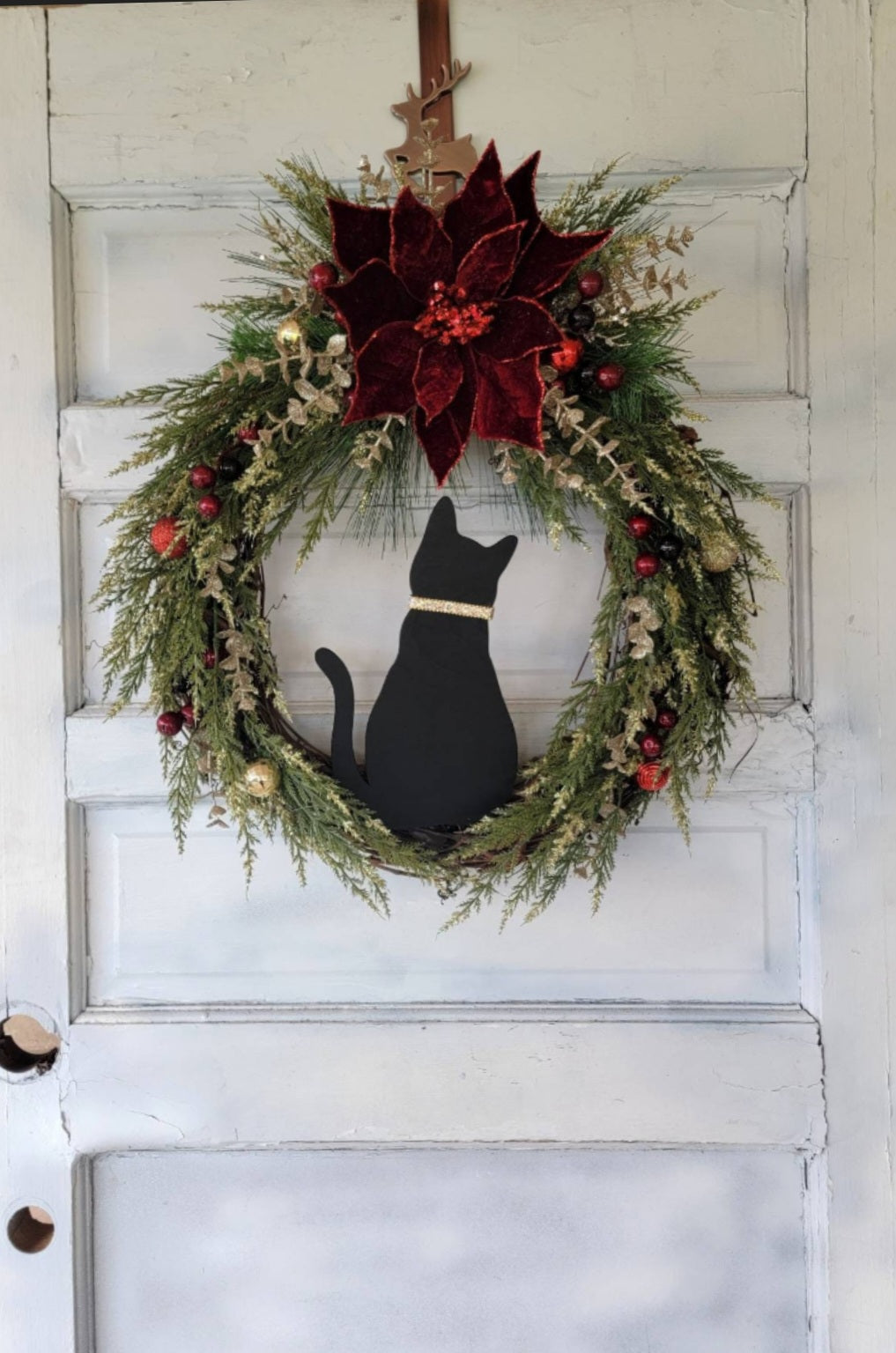 Poinsettia Black Cat Christmas Wreath