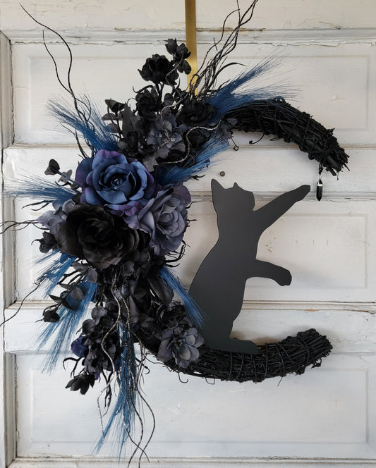 Witchy Hag Blue Black Cat Crescent Moon Wreath