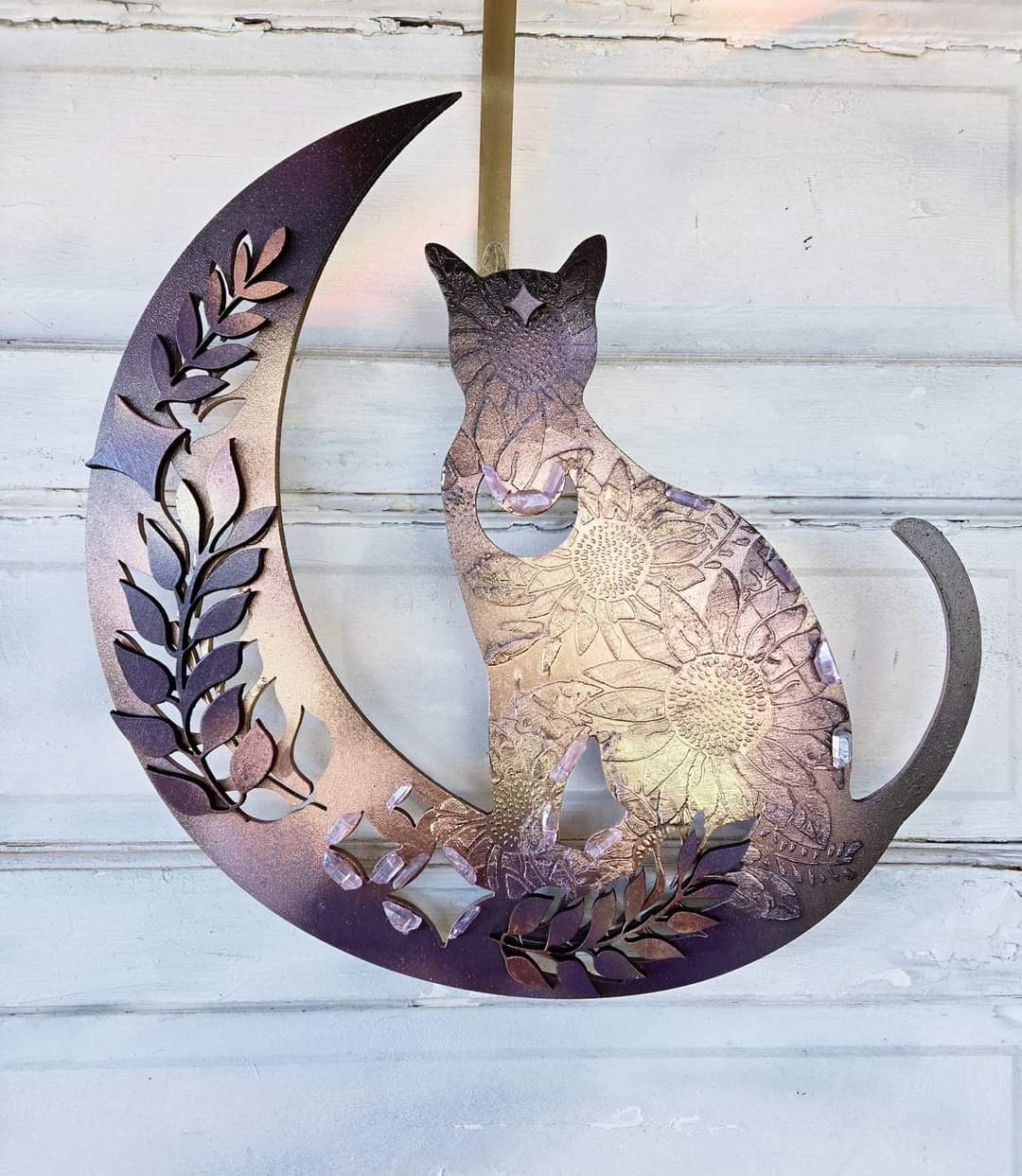 Amethyst Crystal Cat Crescent Moon Wall Art