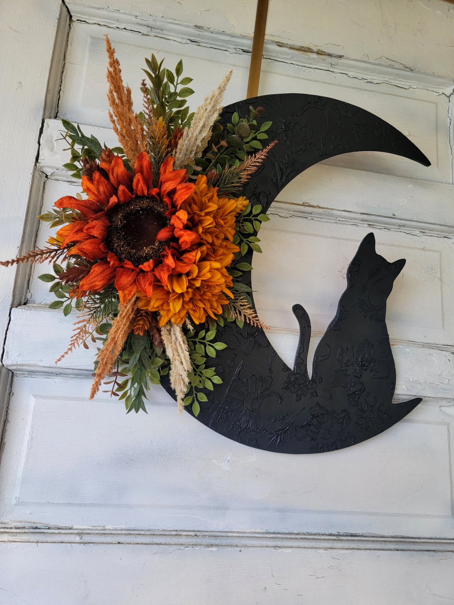 Fall Cat Crescent Moon Sunflower Wreath