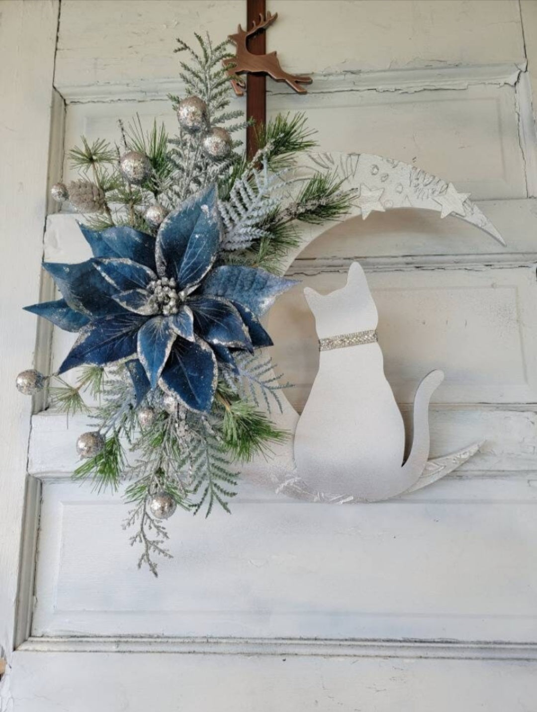 Blue Poinsettia Crescent Moon Christmas Cat Wreath