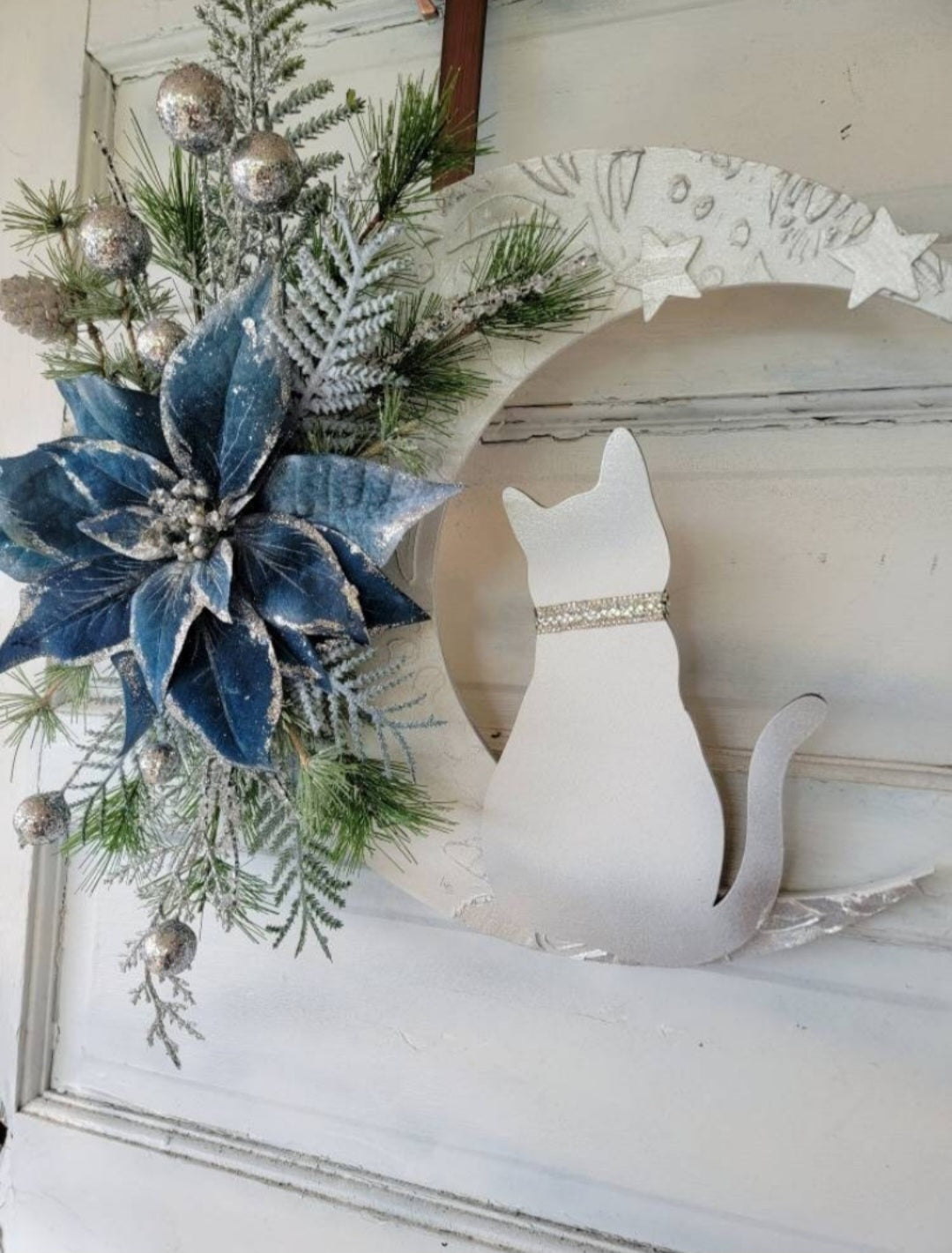 Blue Poinsettia Crescent Moon Christmas Cat Wreath