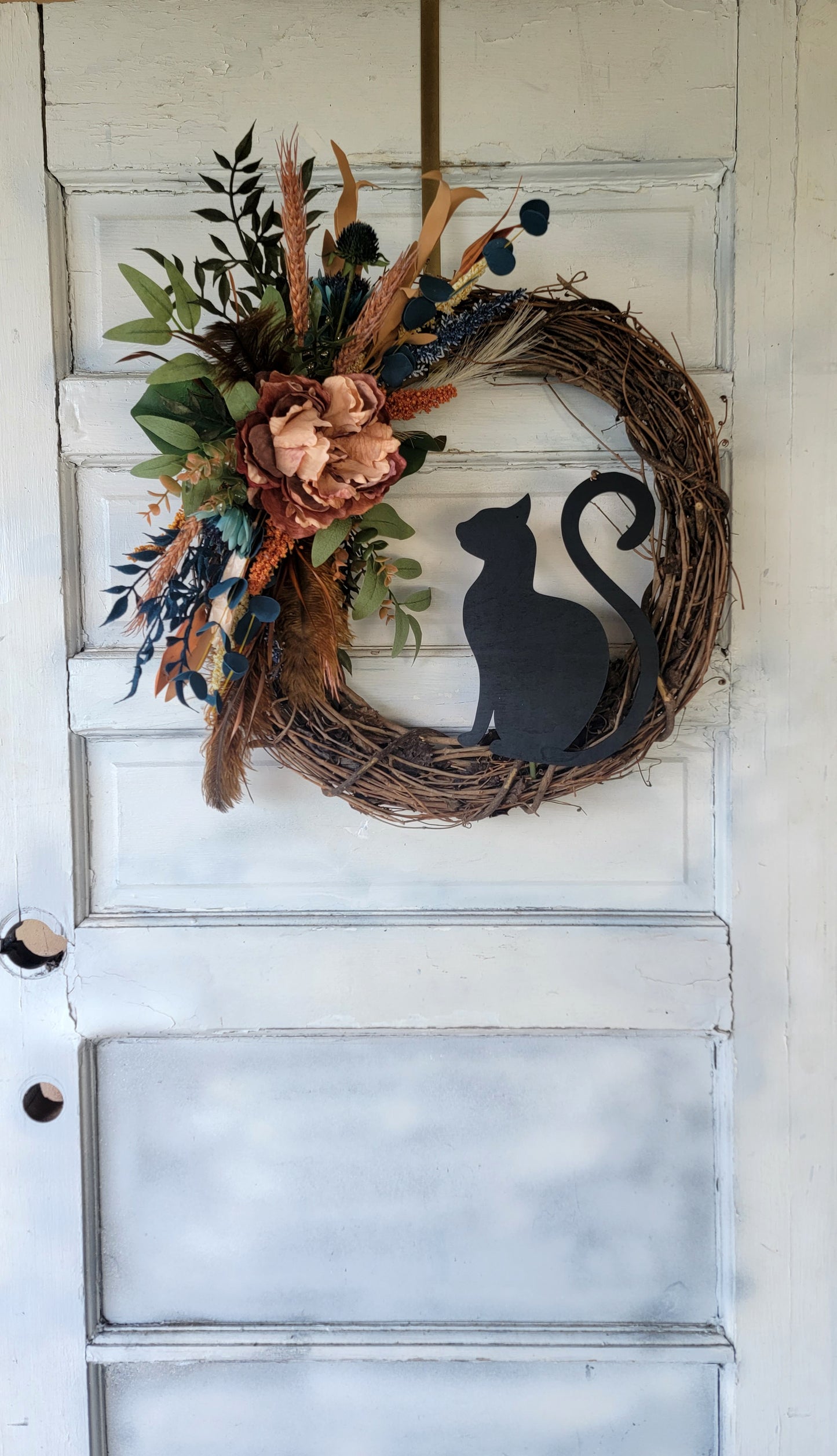 Navy Fall Feather Grapevine Cat Wreath