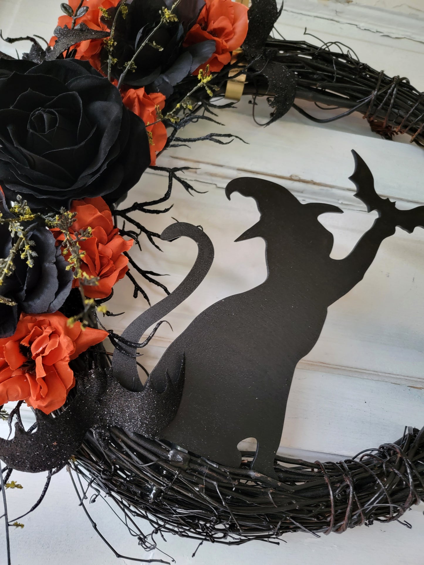 Witch Hat Bat Cat Halloween Crescent Moon Cat Wreath