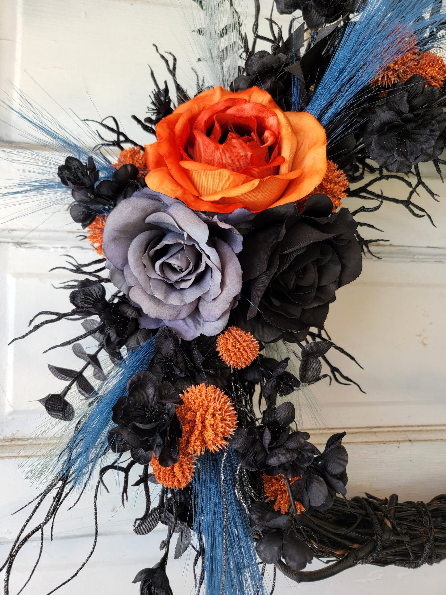 Blue, Purple & Black Halloween Cat Crescent Moon Wreath