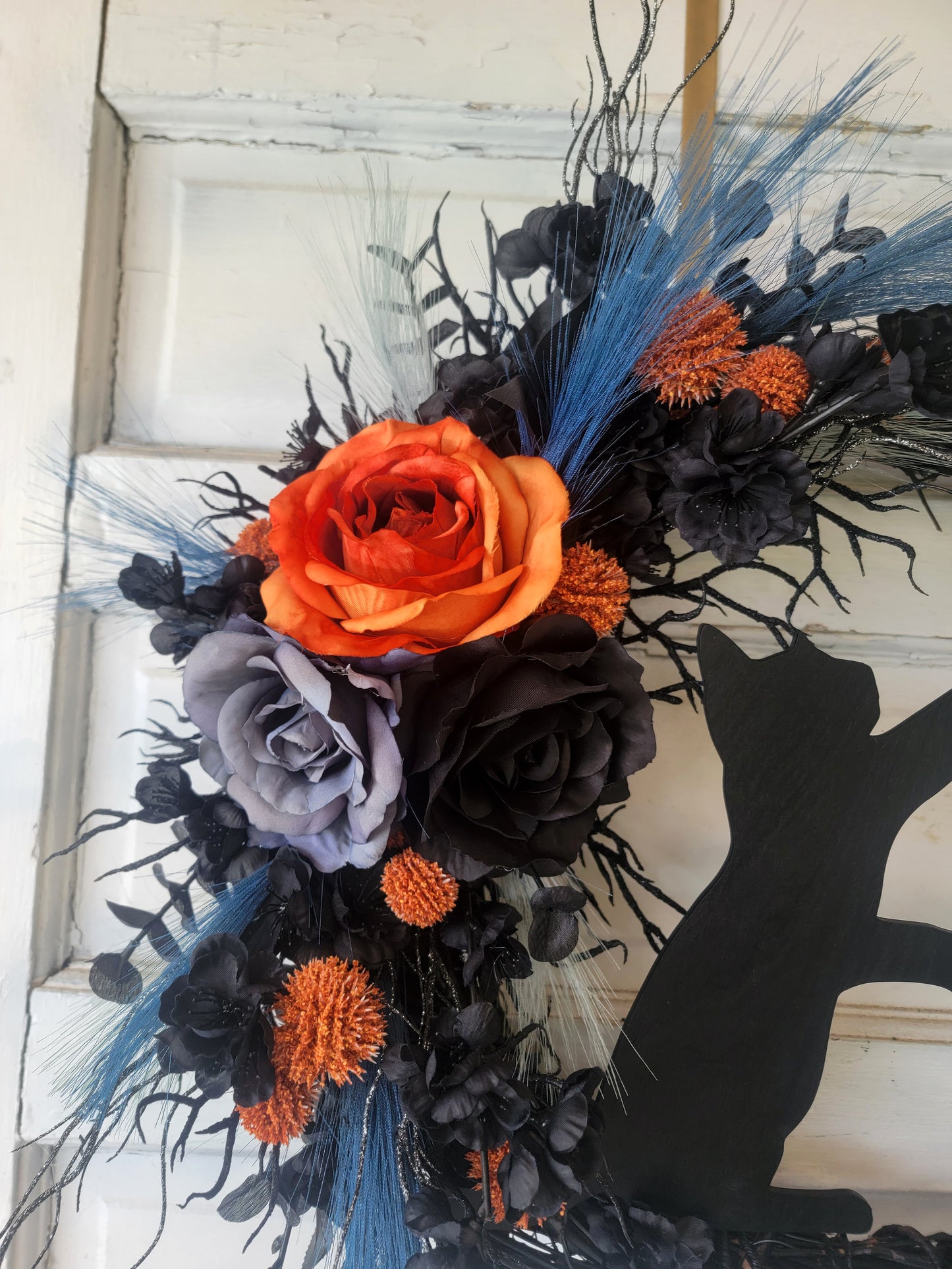 Blue, Purple & Black Halloween Cat Crescent Moon Wreath