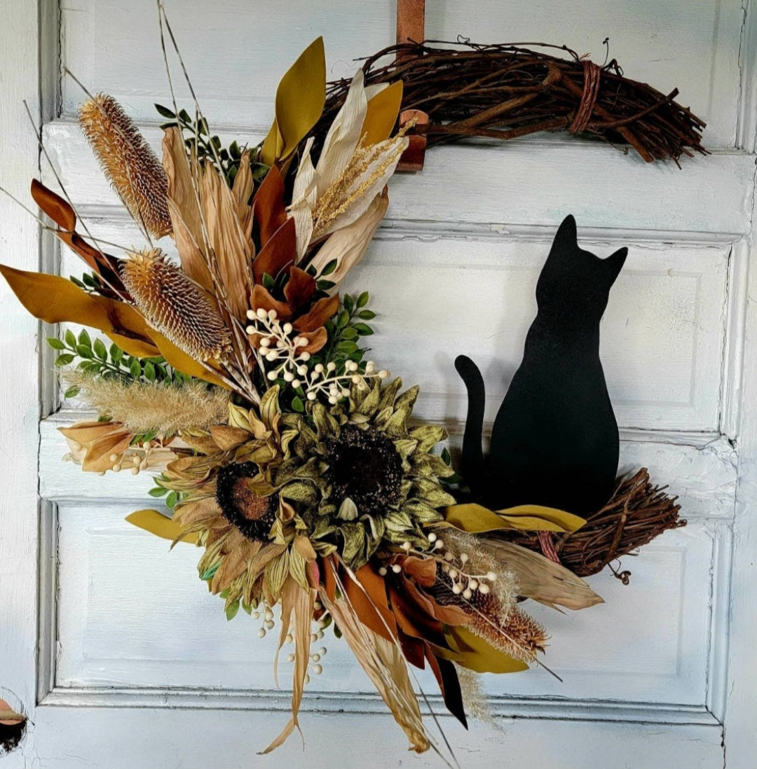 Fall Cat Moon Thistles & Sunflower Wreath