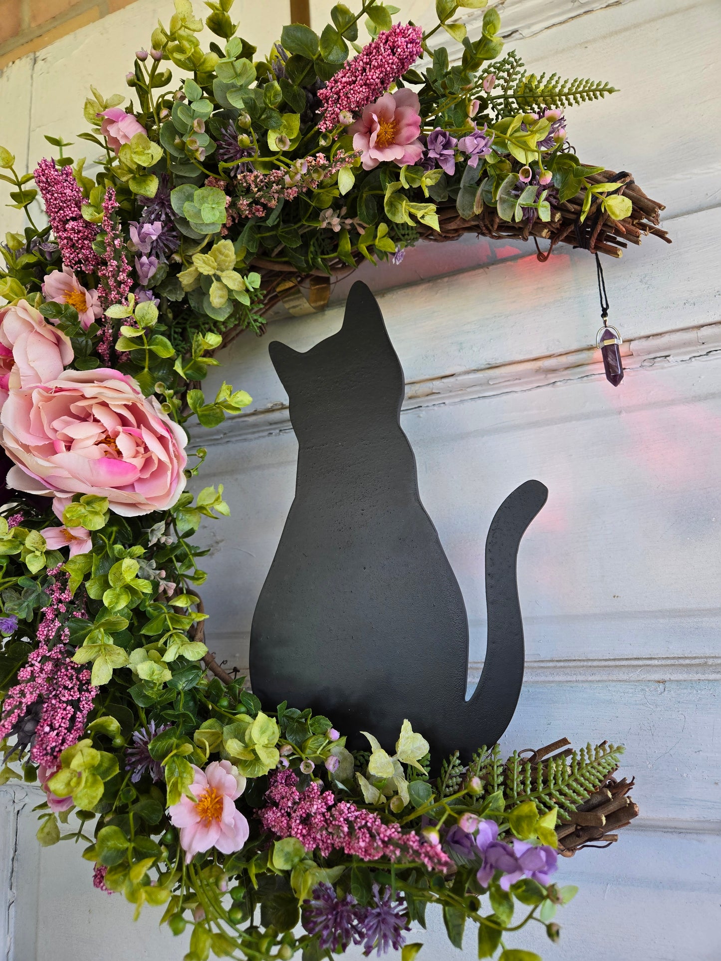 Pink Black Cat Amethyst Crescent Moon Wreath