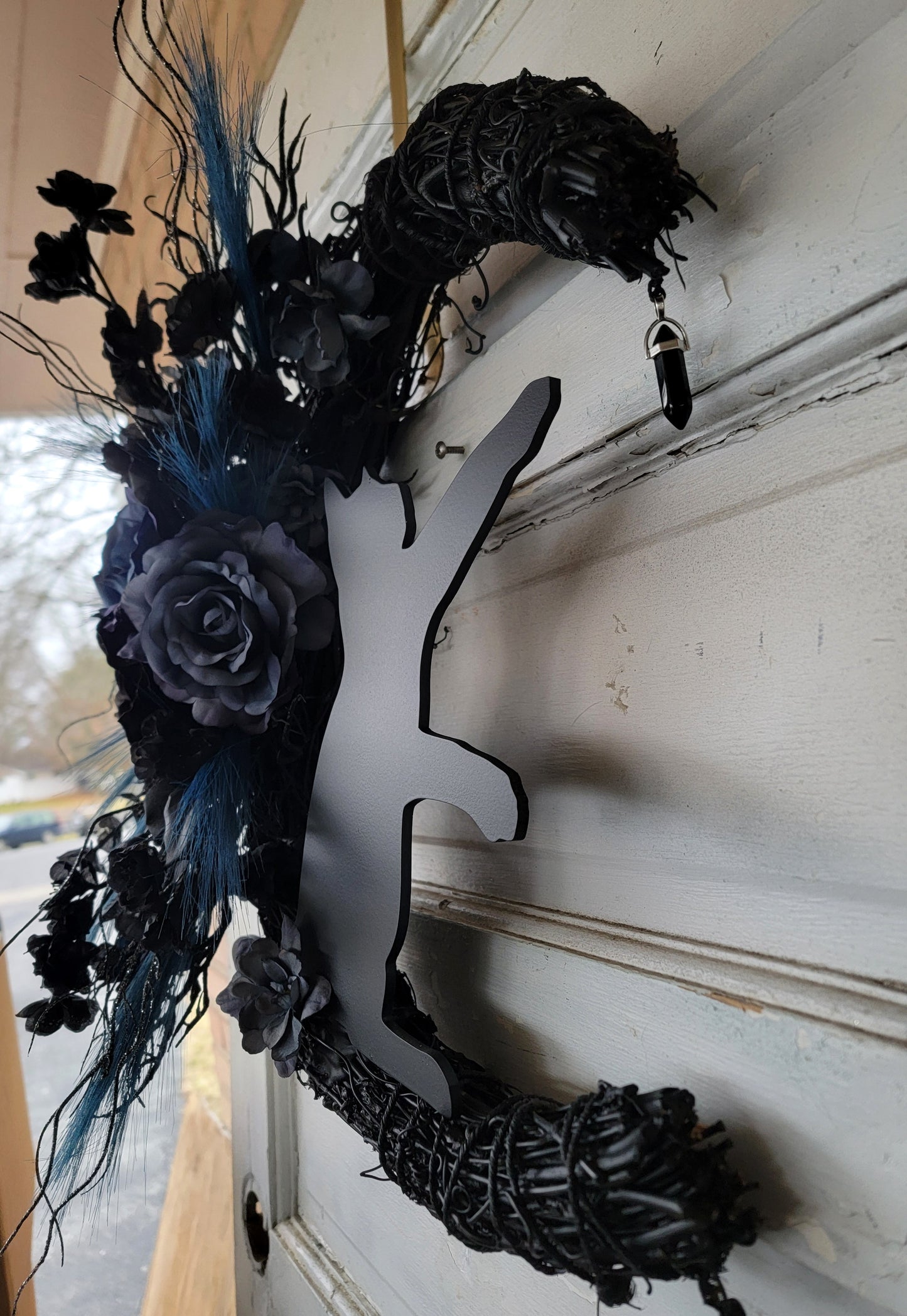 Witchy Hag Blue Black Cat Crescent Moon Wreath