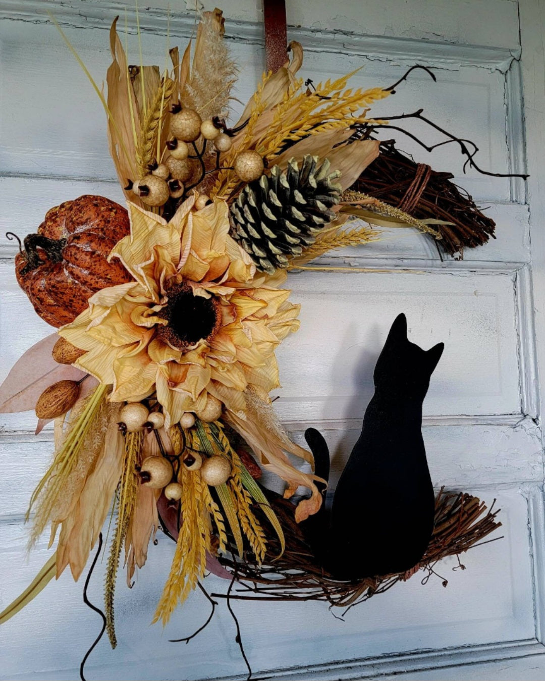 Fall Cat Moon Pumpkin & Sunflower Wreath