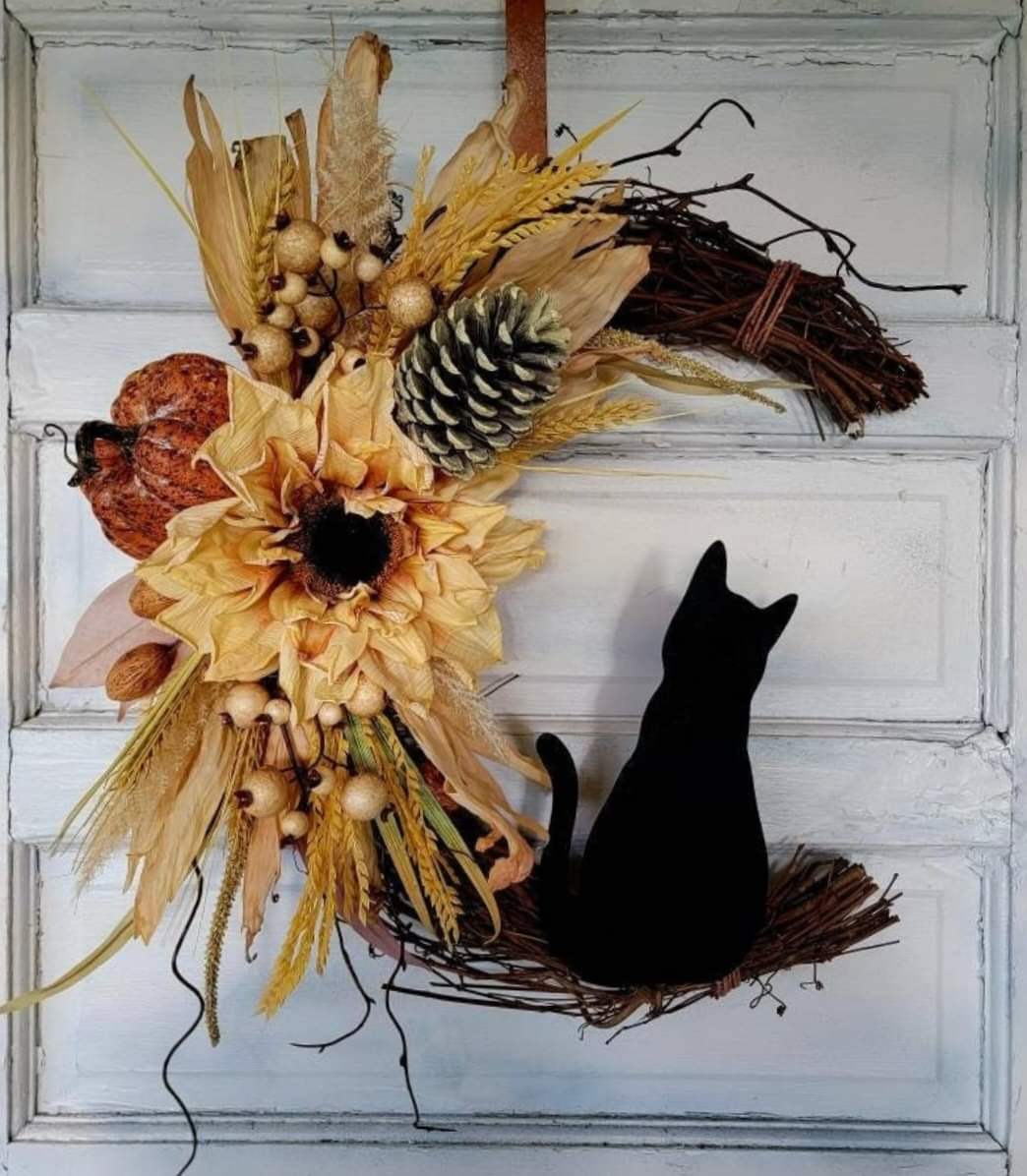 Fall Cat Moon Pumpkin & Sunflower Wreath