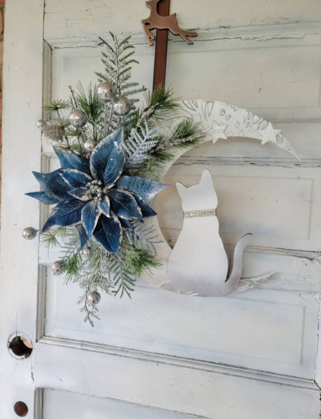 Blue Poinsettia Crescent Moon Christmas Cat Wreath