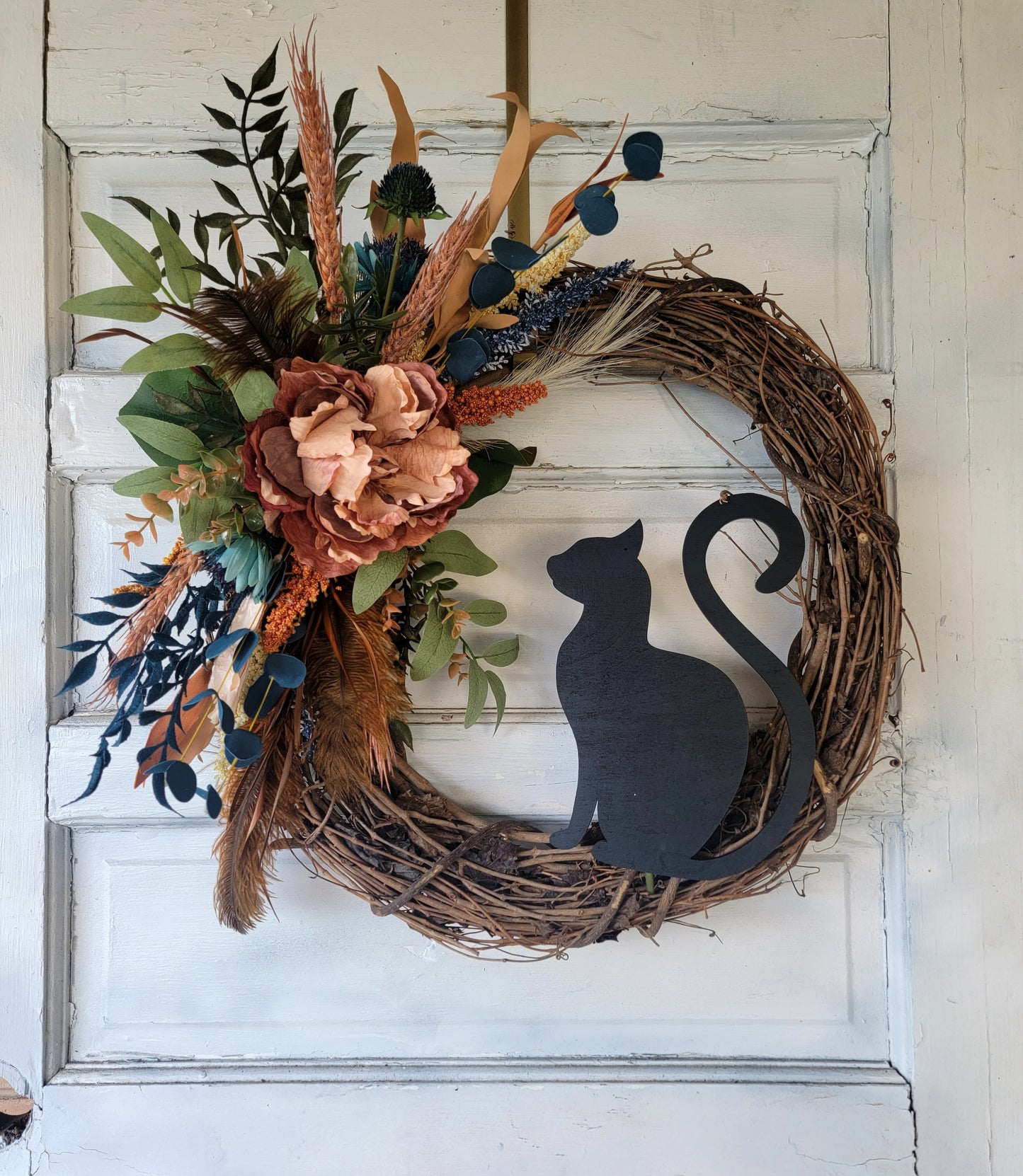 Navy Fall Feather Grapevine Cat Wreath