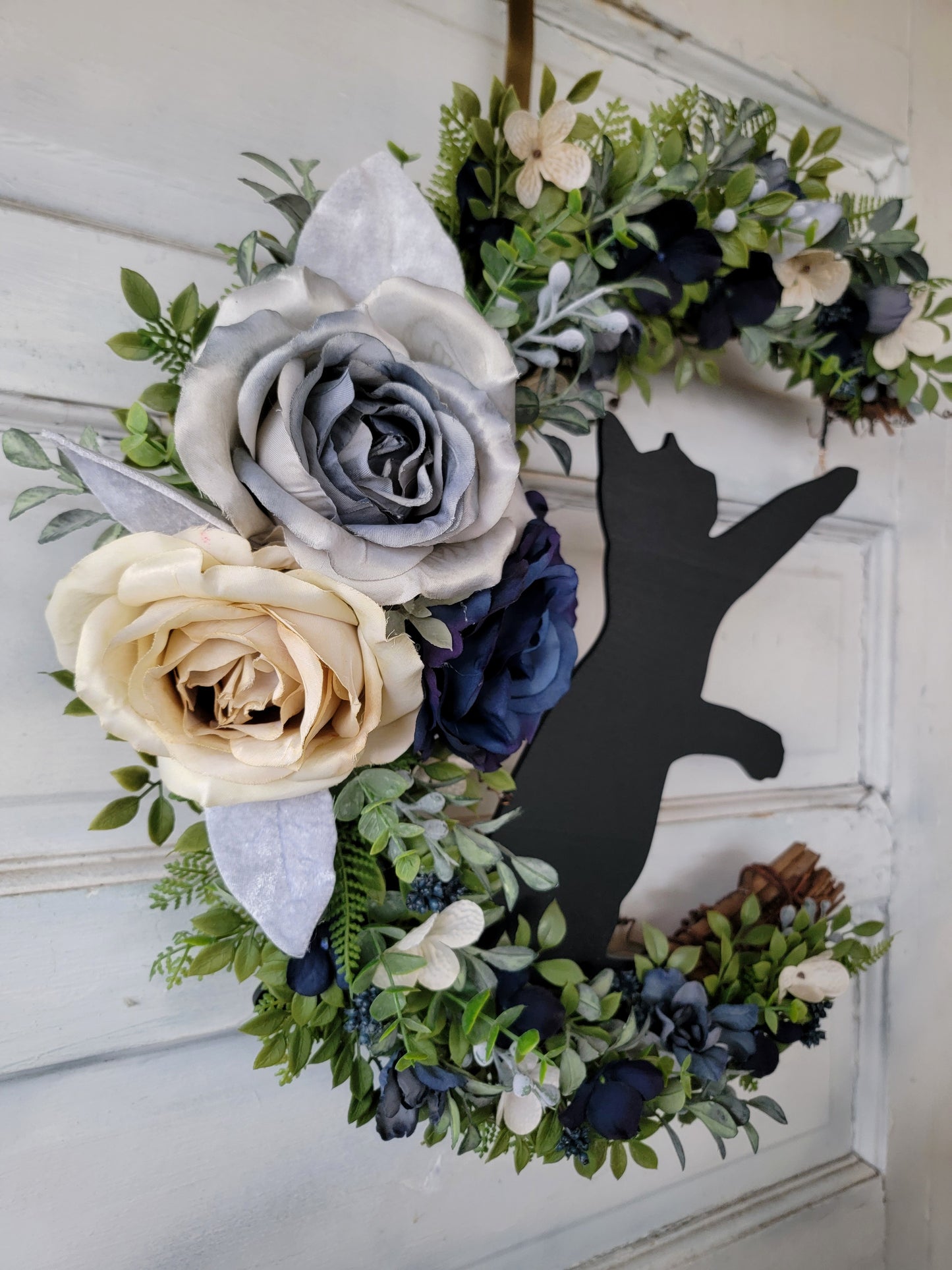 Blue Wildflower Cat Crescent Moon Wreath