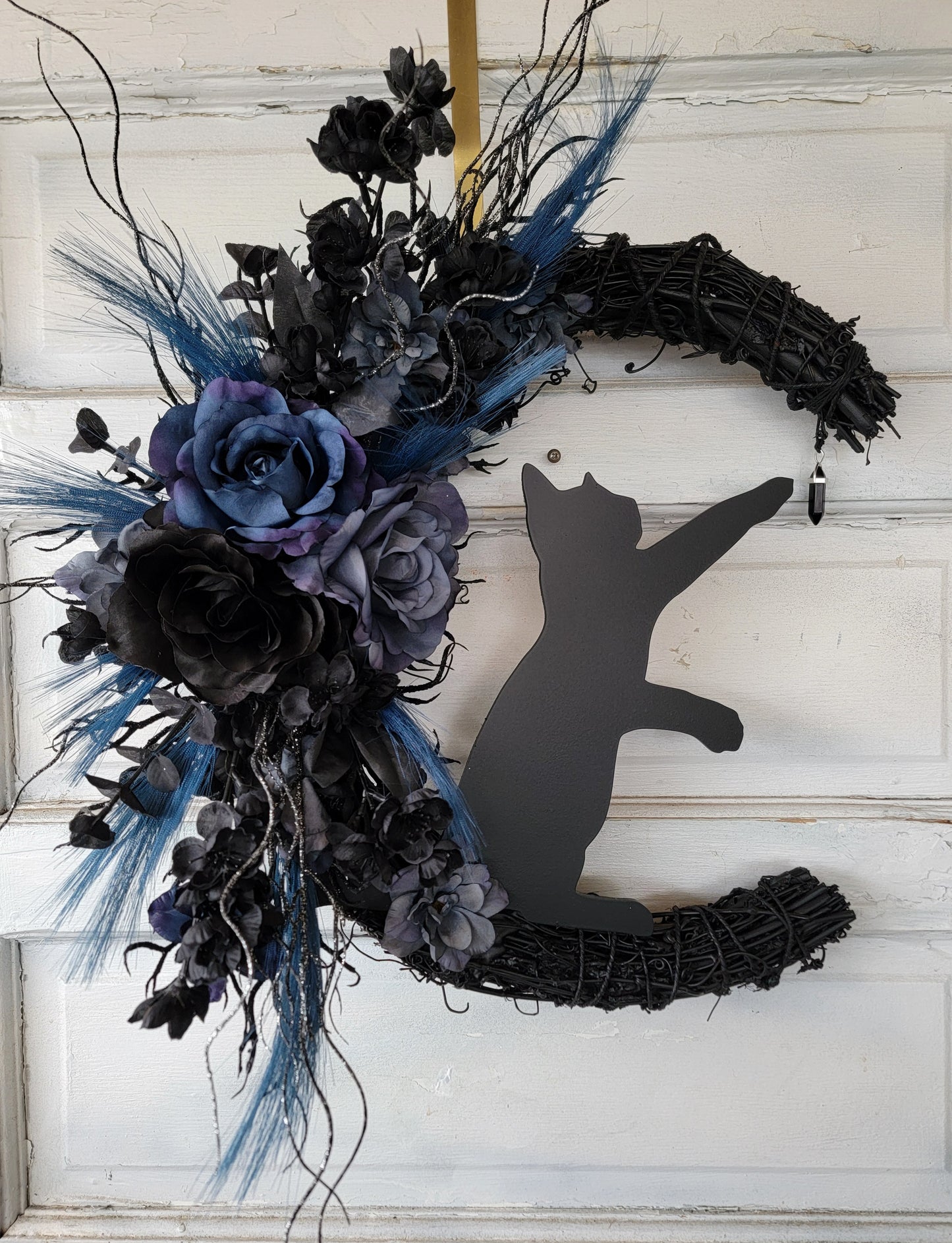 Witchy Hag Blue Black Cat Crescent Moon Wreath